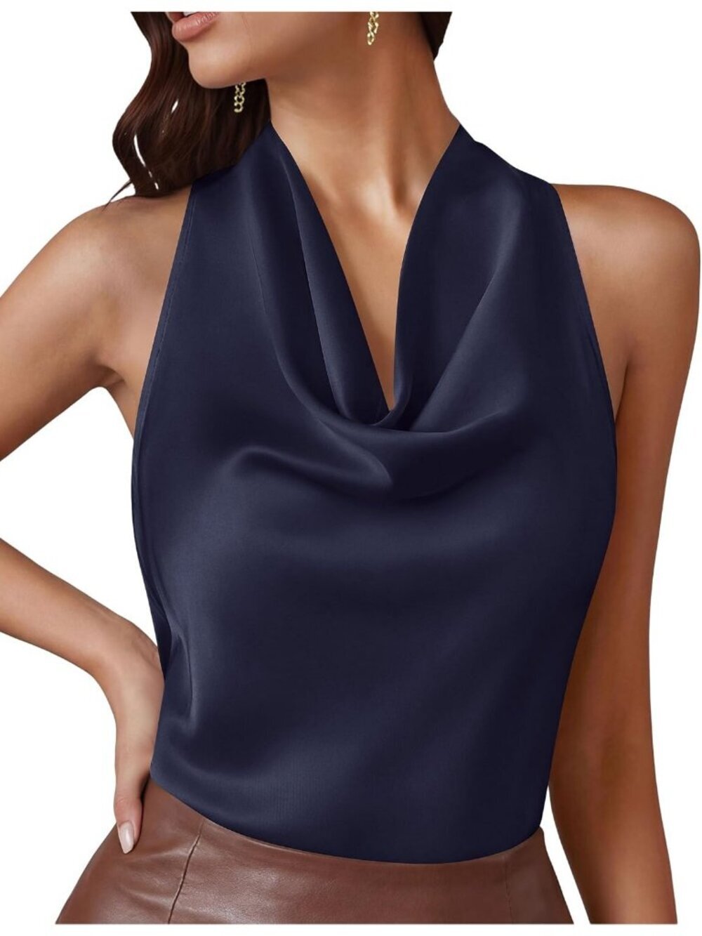 Women's Navy Cowl Neck Silk Blouse Sleeveless Date Night Satin Halter Top